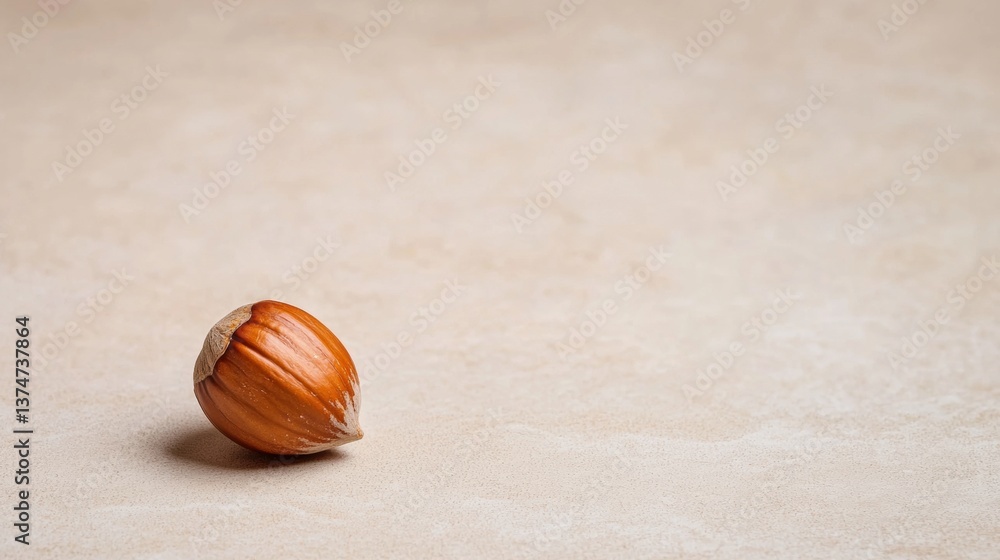 Poster close-up of a single hazelnut on a beige-colored surface. the nut is in the center of the image, wit