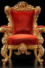 The image features a vibrant red chair, typically reserved for royalty, set against the stark contrast of a black background, evoking the notion of a king's throne