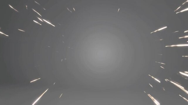 Abstract animation of light streaks radiating outwards, white and gold colors, representing speed or warp effect against grey background with copy space