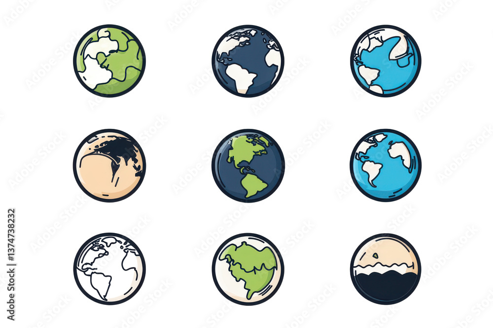 Poster collection of nine earth globe icons with different continents and color schemes on black background