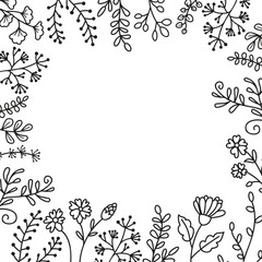 Obraz premium Botanical Line Art frame with branches and flowers of various plants. Floral composition isolated on white background. Graphic design for printing on fabric and paper. Vector illustration for banner