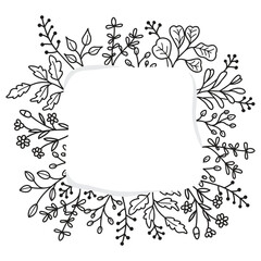 Botanical Line Art composition with herb. Floral frame  with branches and flowers of various plants. Graphic vector design for printing on fabric and paper. Black white illustration for card, banner