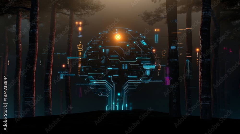 Poster exploring the integration of neural technology in a futuristic forest environment