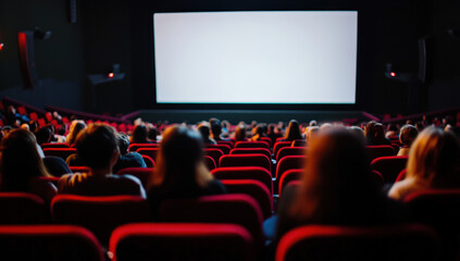 A cinema screen with people sitting in the seats, watching a movie on it. The background is dark and blurred, focusing attention on an empty white frame above the large screen. 