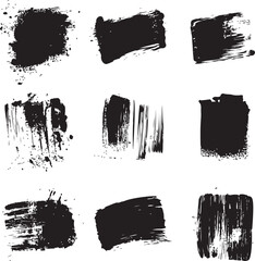 Set of nine black grunge brush strokes