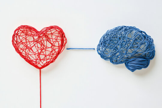 A red heart and a blue brain made of yarn on a white background, conceptual art depicting the love between the mind and the body, isolated against a white background