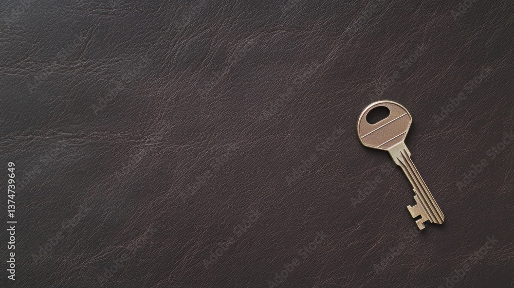 Poster close-up of a key on a dark brown leather background. the key is in the center of the image and is p
