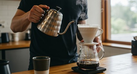 Person pouring hot water from kettle into pour over coffee maker on a wooden countertop surface