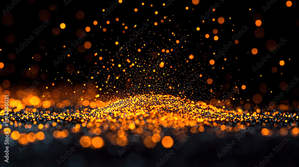 Poster a clear picture featuring a black and yellow background with numerous tiny light circles centrally p