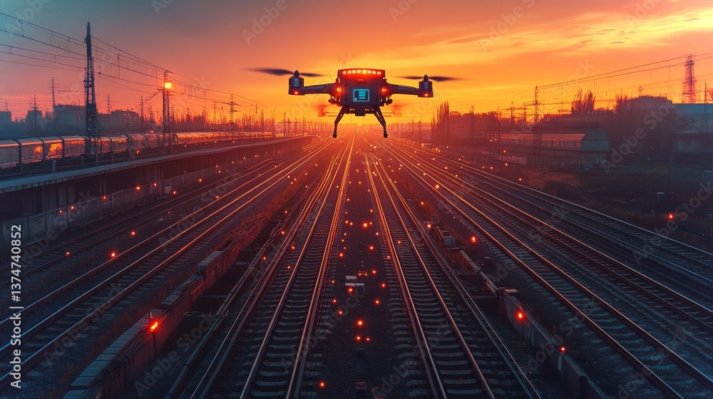Poster a drone hovers above railway tracks at sunset, equipped for surveillance and inspection tasks, enhan