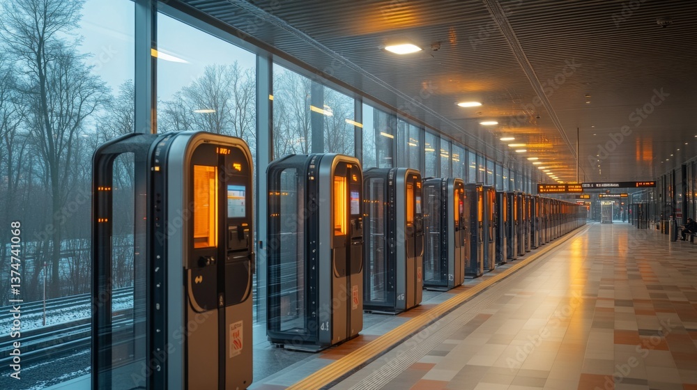 Poster An automated transport checkpoint features sleek kiosks for ticket purchases and inspections, ensuring smooth mobility and efficient monitoring in a modern urban setting.