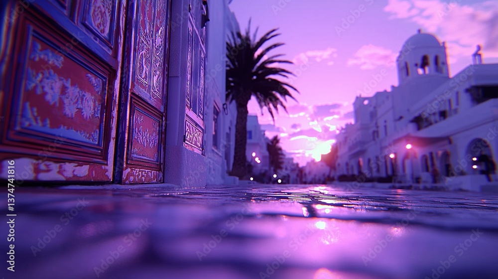Poster a street scene featuring a palm tree upfront and a clock tower in the backdrop