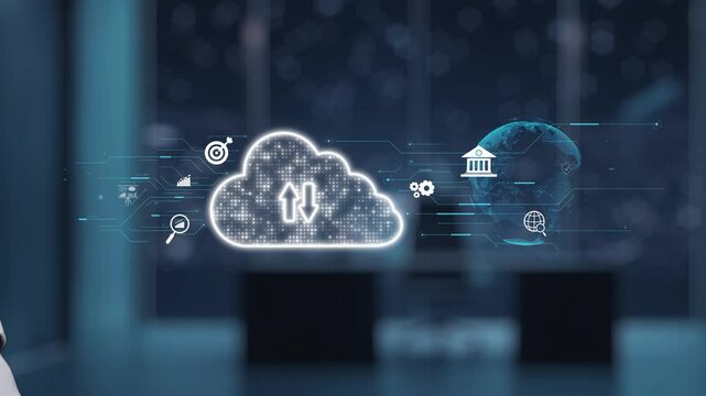 A futuristic robot hand reaches toward a cloud technology interface, showcasing digital connections, data management, and innovation in a high-tech environment. Auvana