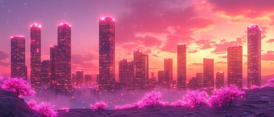 Futuristic city skyline at sunset, glowing pink skyscrapers, blooming cherry trees in foreground, dreamy, vibrant, digital art.