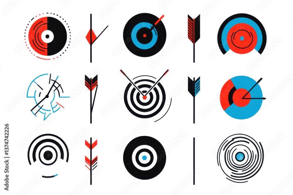 Poster collection of stylized target and arrow illustrations on a black background design layout
