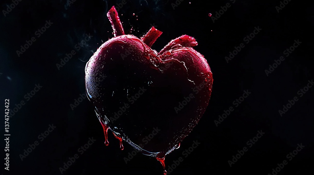 Poster red heart-shaped object with water splashing on black background