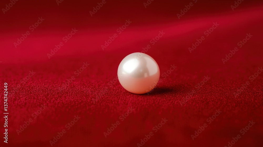 Poster close-up of a single white pearl on a red fabric background. the pearl is in the center of the image