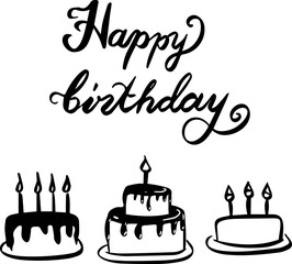 Happy birthday doodle cake kid drawing. Vector illustration