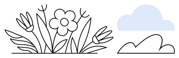 Wildflowers with petals and leaves in line art style beside a soft blue cloud. Ideal for nature, spring, gardening, environment, outdoors, serenity, minimalism, flat simple metaphor
