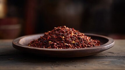 Ethiopian Berbere Spice mix displayed a rustic wooden plate low key lighting emphasizing the deep reds and browns moody shadows for an exotic aesthetic