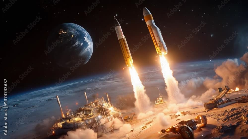 Poster two rockets launching simultaneously from a lunar-like surface with earth visible in the background,