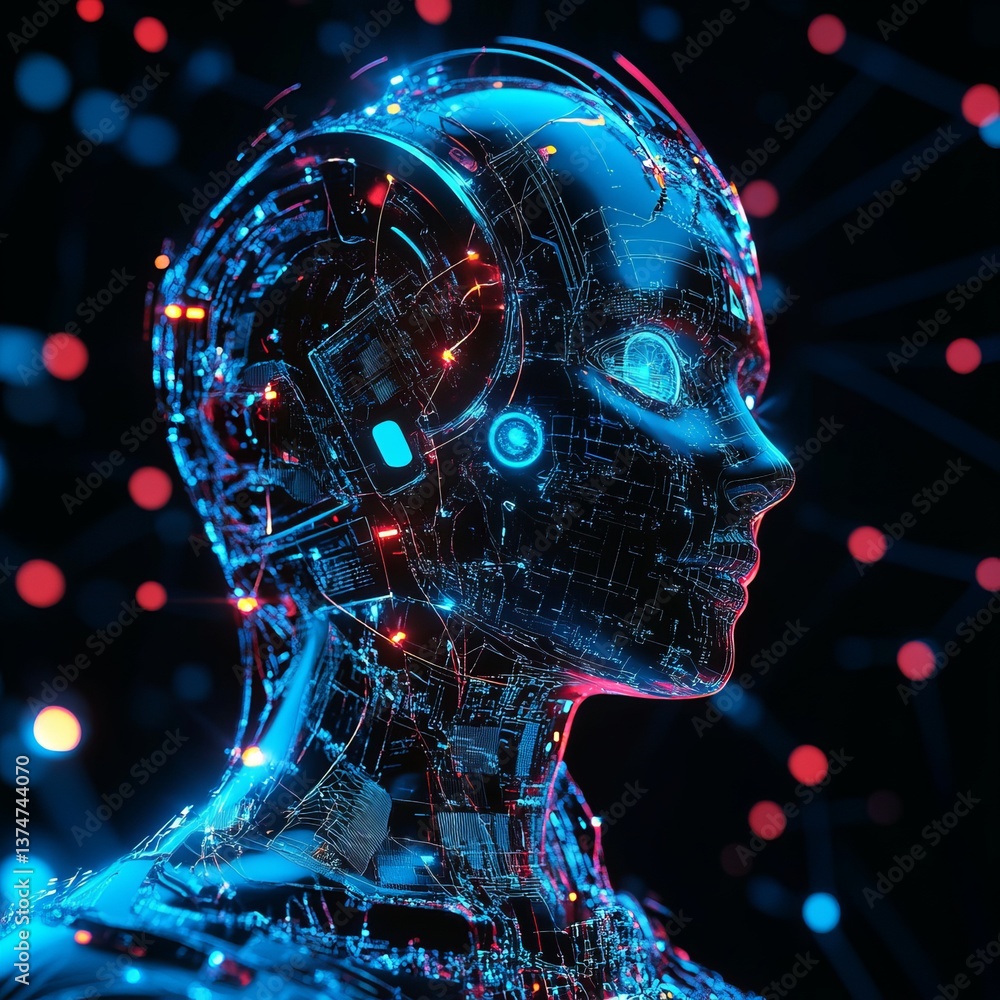 Poster futuristic cyborg head with intricate circuitry and glowing lights on a dark bokeh background