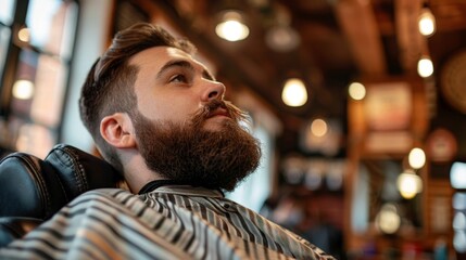 Grooming session at a barbershop with a man enjoying beard trimming and haircut
