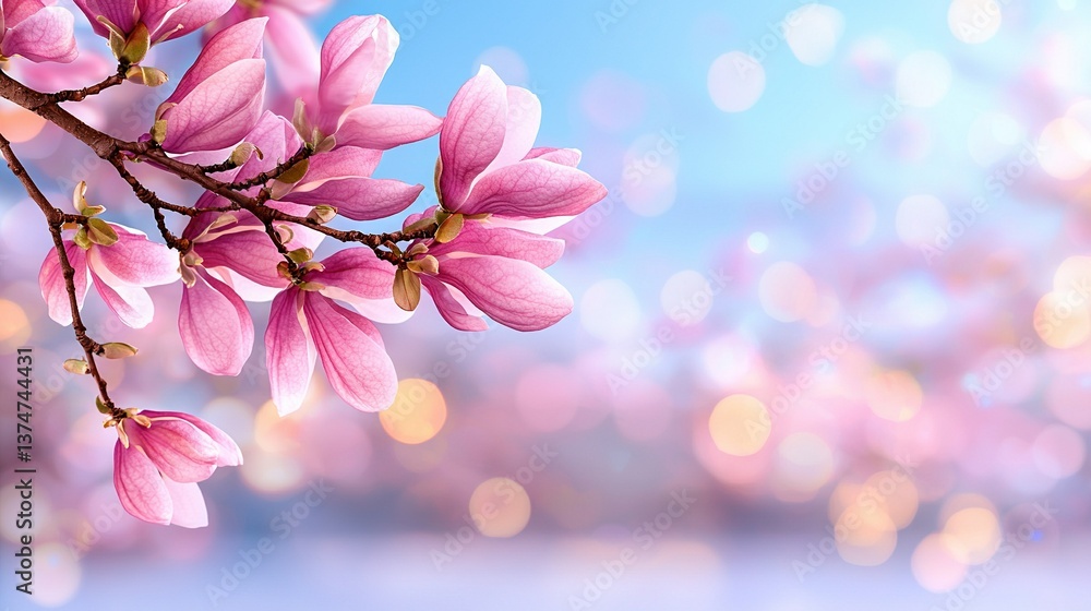 Poster close-up of a pink flower on a tree branch with soft background lighting
