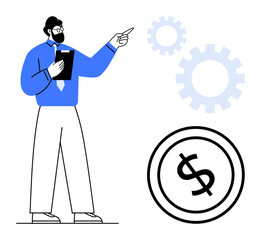 Man holding clipboard points at cogwheels and dollar icon, symbolizing financial planning, business strategy, and productivity. Ideal for economy, finance, teamwork, management, consulting analysis
