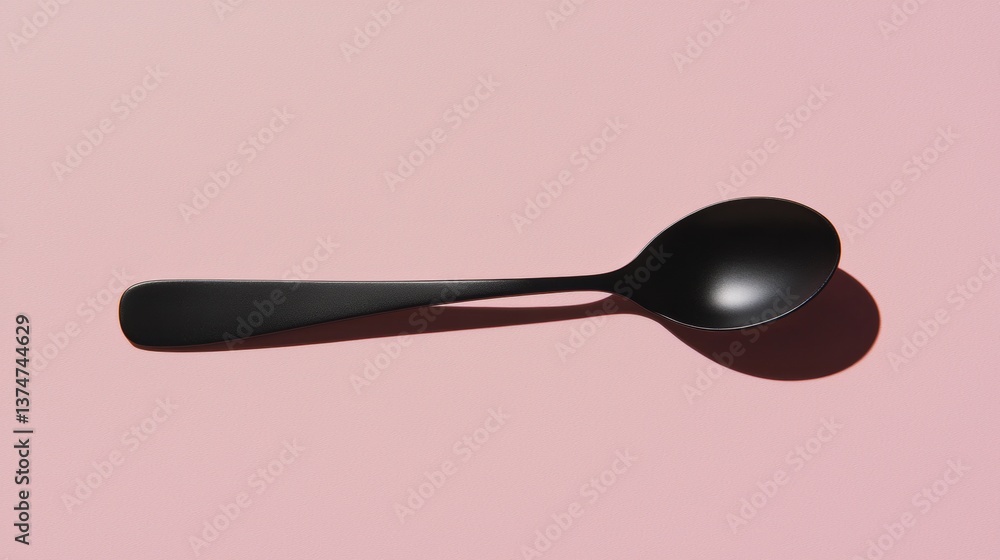 Poster flat lay of a black spoon on a pink background. the spoon has a long handle and a round bowl. the ha