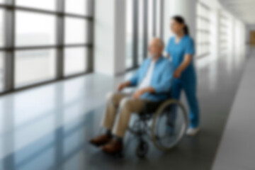blurred for background. Senior Patient in Wheelchair with Caring Nurse in Hospital Hallway. Medical...