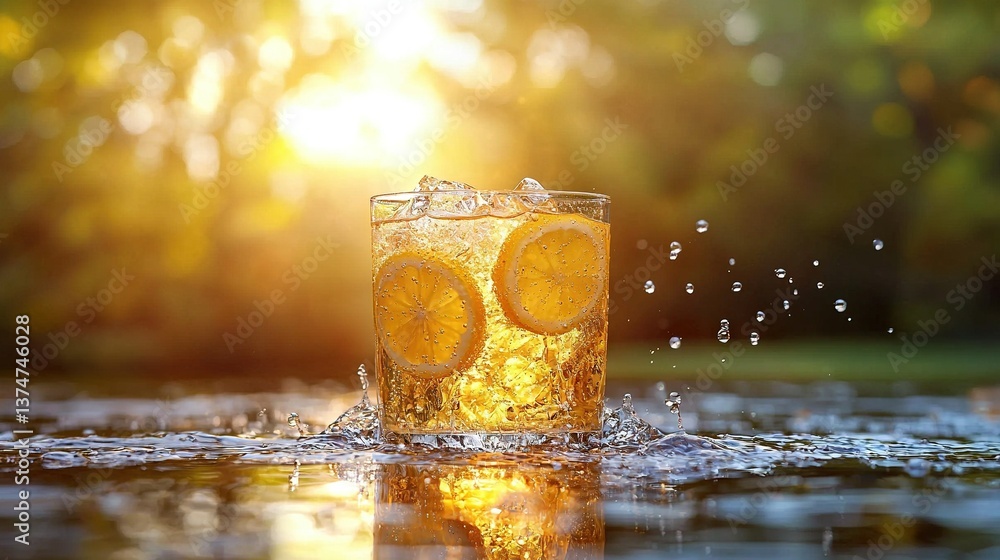 Poster a glass of lemonade on a table with water splashing on it and the sun shining in the background
