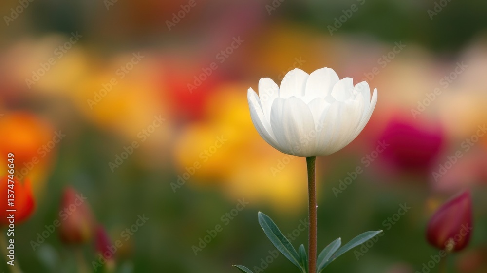 Poster close-up of a single white tulip in the center of a field of colorful tulips. the tulip is in full b