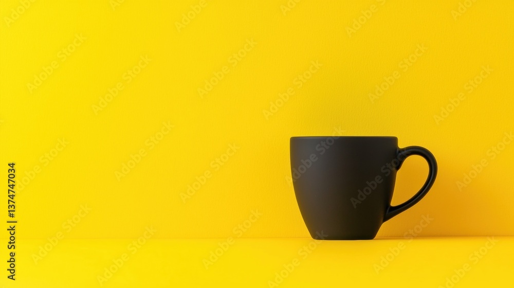 Poster minimalistic photograph of a black coffee mug on a bright yellow background. the mug is empty and is