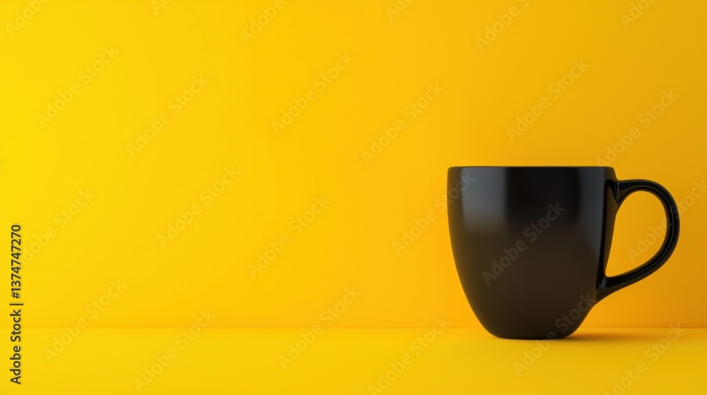 Fototapete 3d rendering of a black coffee mug on a bright yellow background. the mug is empty and is placed on 