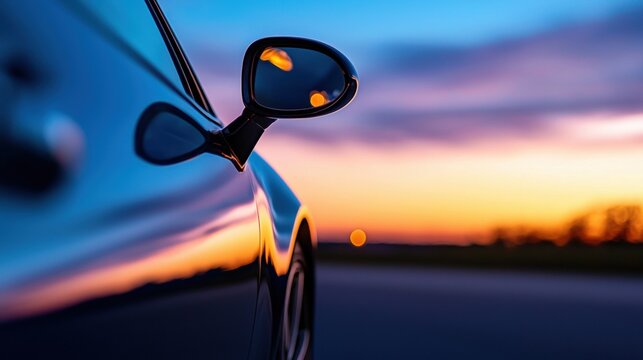 Close-up of the side mirror of a car. the car is parked on a road with a beautiful sunset in the background. the sky is a mix of orange, pink, and blue hues, with the sun setting in the distance.