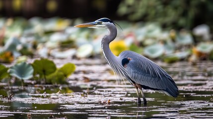 Naklejka premium A great blue heron standing in shallow water surrounded by lily pads in a natural environment