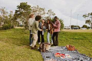 A multinational group of young people is having fun with friends at a picnic outdoors, while...