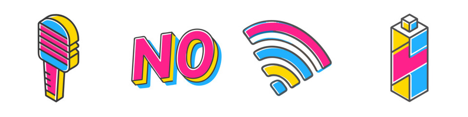 Vibrant retro wifi, microphone, no text and icon set with groovy isometric design for tech and communication themes