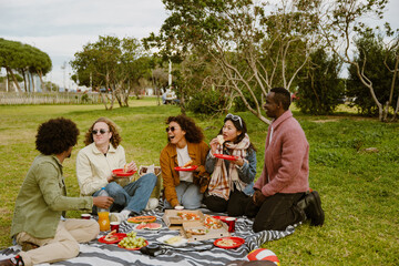 On the green lawn in the park during the day, five young friends have a picnic. They sit on a blanket with pizzas, fruit, and drinks on it, chatting animatedly. Concept of outdoor friends gatherings.