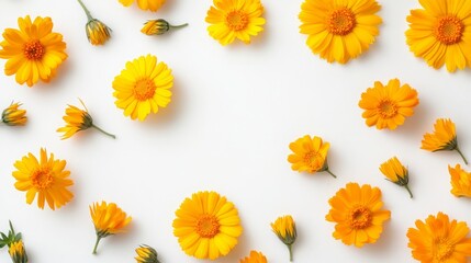 Calendula flowers isolated on a white background with space for text, shot from above in a flat lay style.