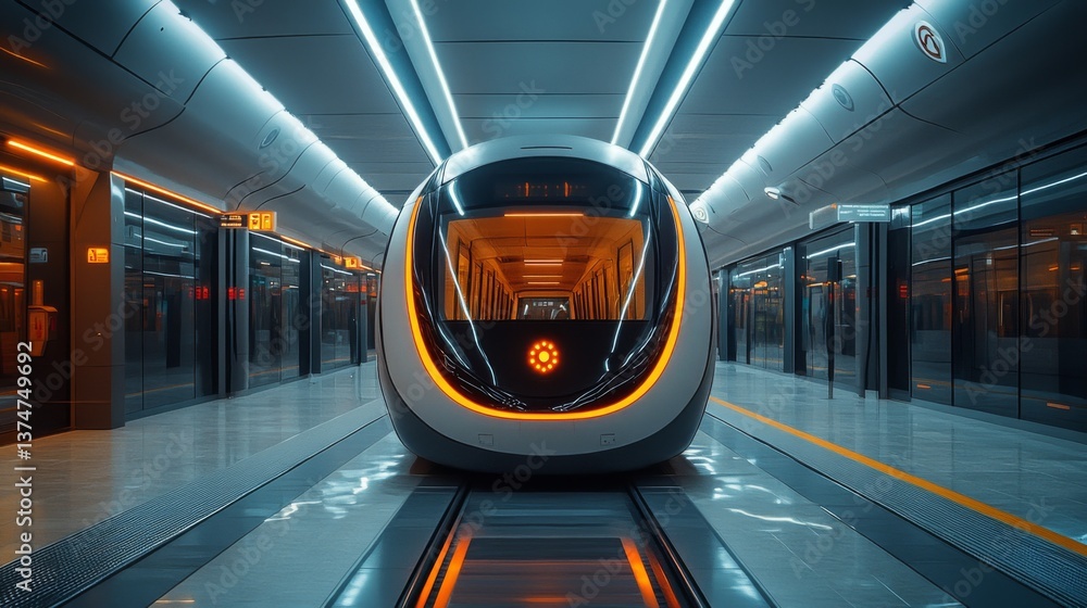 Poster a sleek and modern metro train waits for passengers at a well lit subway station featuring innovativ