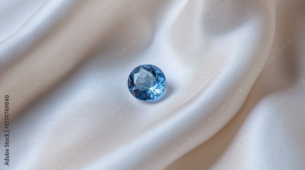 Poster close-up of a single blue gemstone on a white fabric. the gemstone is in the center of the image and