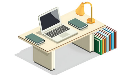 A laptop sits on a desk with a lamp and a stack of books