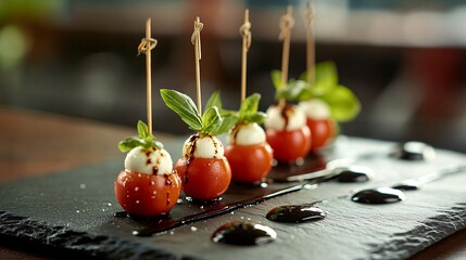 Elegant caprese skewers with balsamic drizzle. Tasty appetizer.