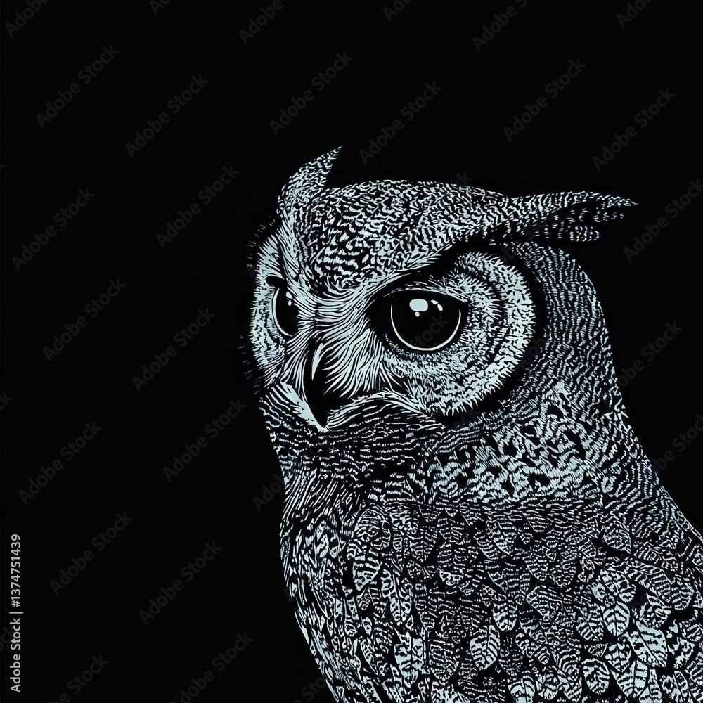 Poster a close-up of an owl's face on a black background with a hint of light emanating from its eyes