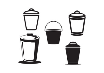 Set of Trash Can Icons, Waste Containers, Black and White Vector Illustrations