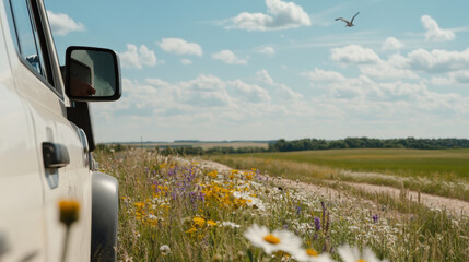 Coastal drive with scenic flowers and clear summer skies