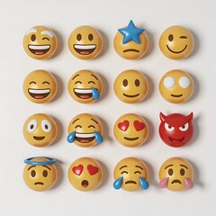 Obraz premium A flat lay of various 3D emoji faces, showcasing a wide range of emotions.