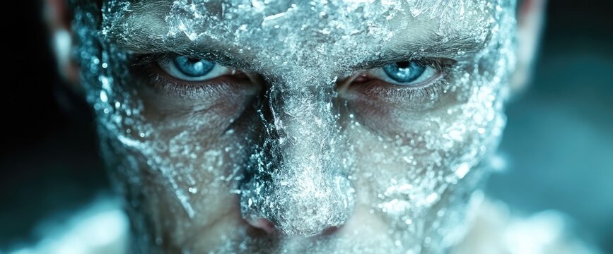Close-up of a face covered in ice, with piercing blue eyes. Icy, cold look